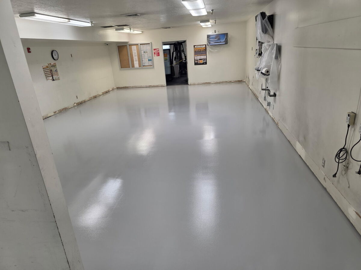 Break room floor coated in gray epoxy